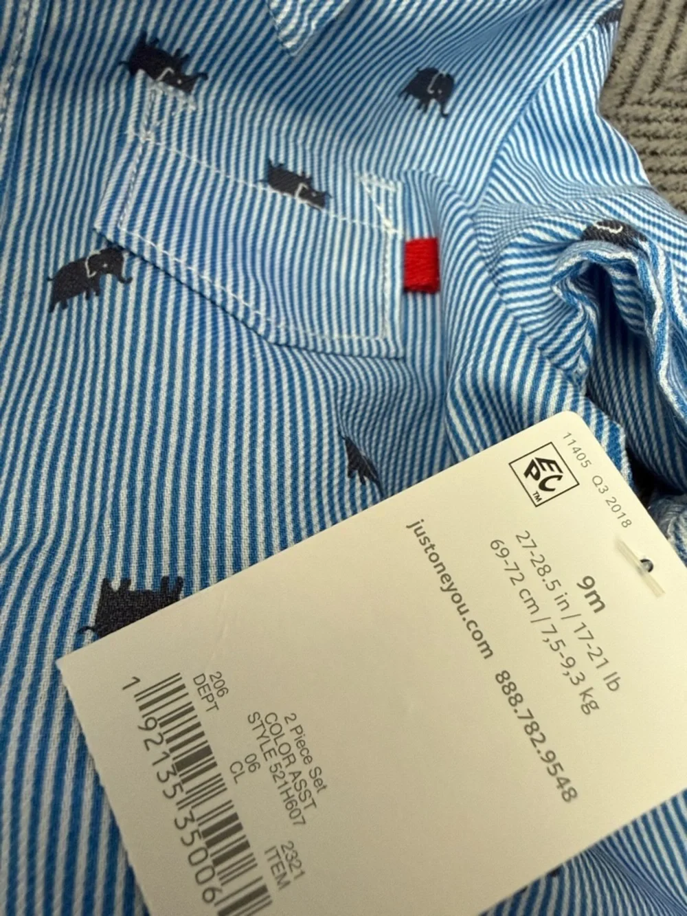 Carter's Blue Striped Elephant Shirt with Grey Blue Pants Set 9 months Nwt